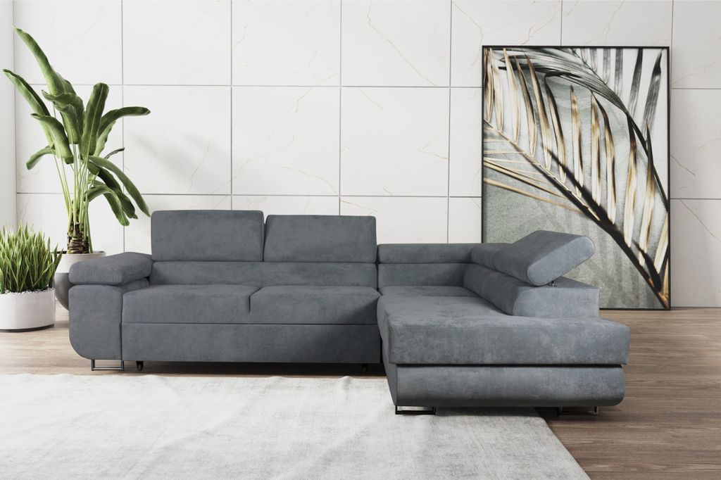 Ecksofa LIDO Rechts Hellgrau Monolith 84 mit Schlaffunktion und Bettkasten