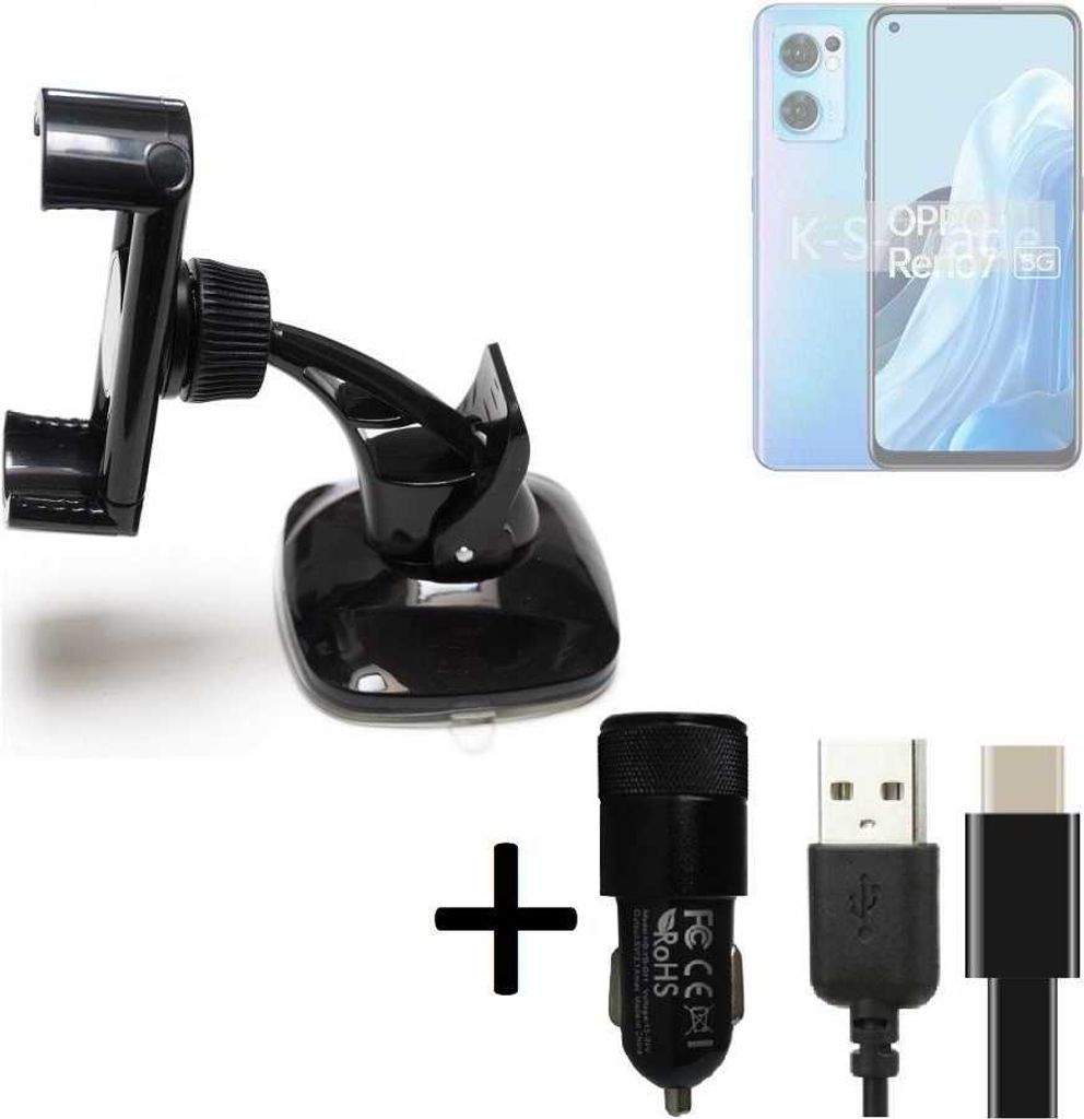 K-S-Trade Handy-Halterung kompatibel mit Oppo Reno7 5G Windschutzscheibe / Armaturenbrett + LADEGERÄT mit Mico USB Kabel Autohalterung