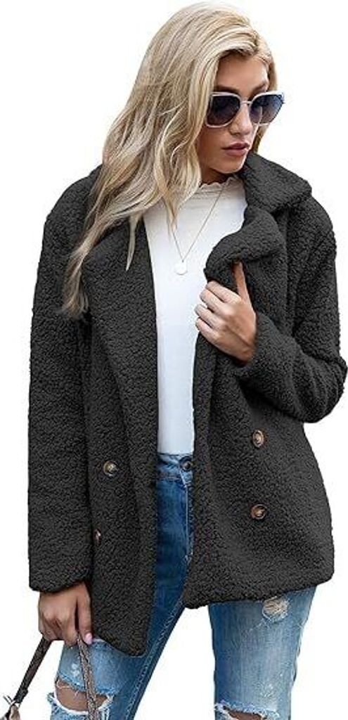 Damen Kuschelige Faux-Sherpa-Fleecejacke – Langarm, Knopfleiste, Reverskragen Herbst- & Wintermantel