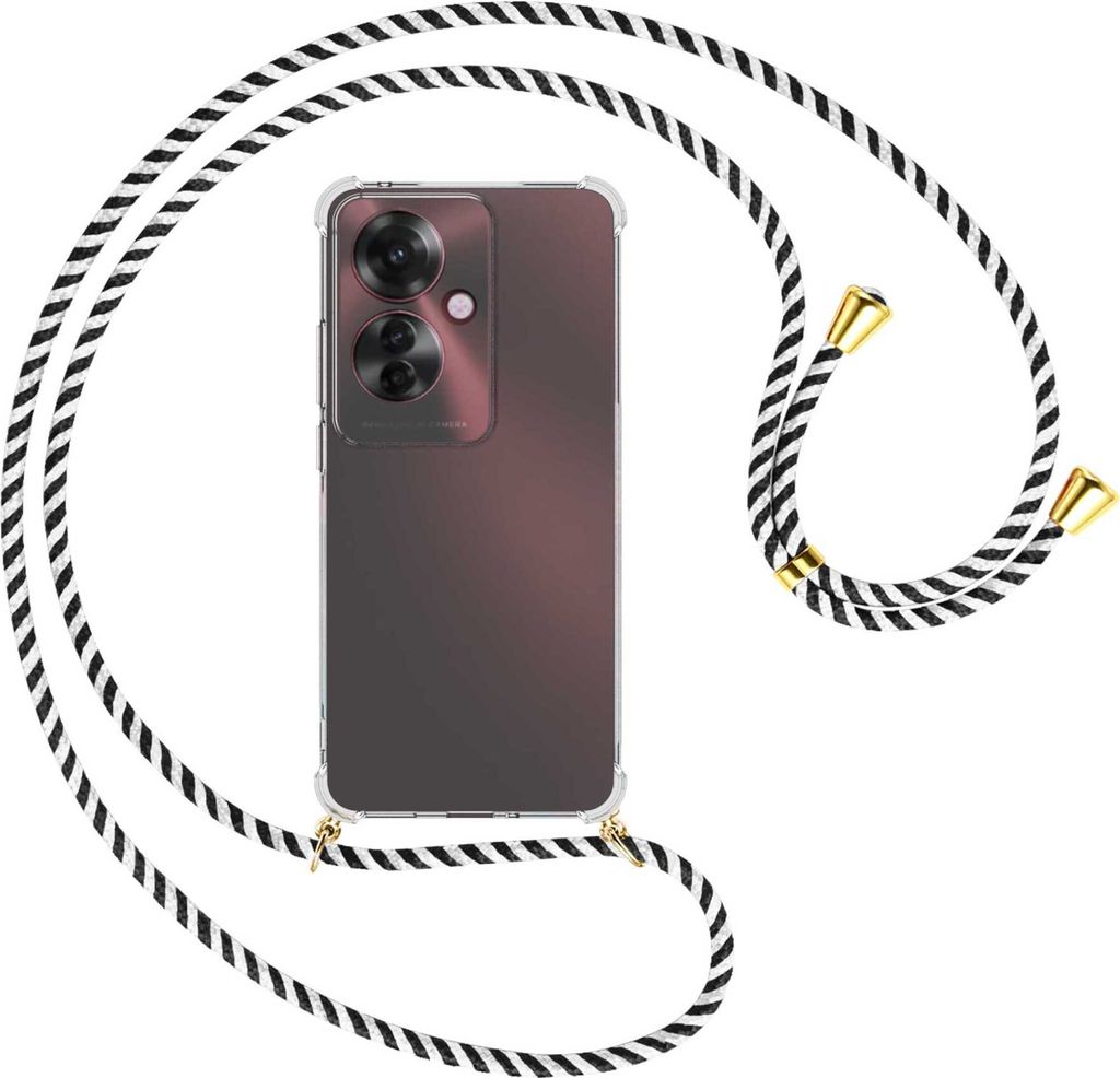 Handykette Backcover-Schutzhülle mit Band (Metall goldfarben) für Oppo Reno11 F 5G - schwarz/weiß gestreift