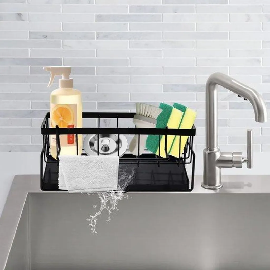 Organisateur d'évier gris avec porte-torchon et tablette de séchage