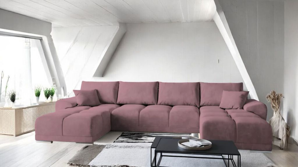 Modernes Ecksofa SYDNEY U Wohnlandschaft U-Form Farbe Monolith 63 Rosa Breite 385 cm Ecke mit Schlaffunktion 292x 128 cm und und Bettkasten