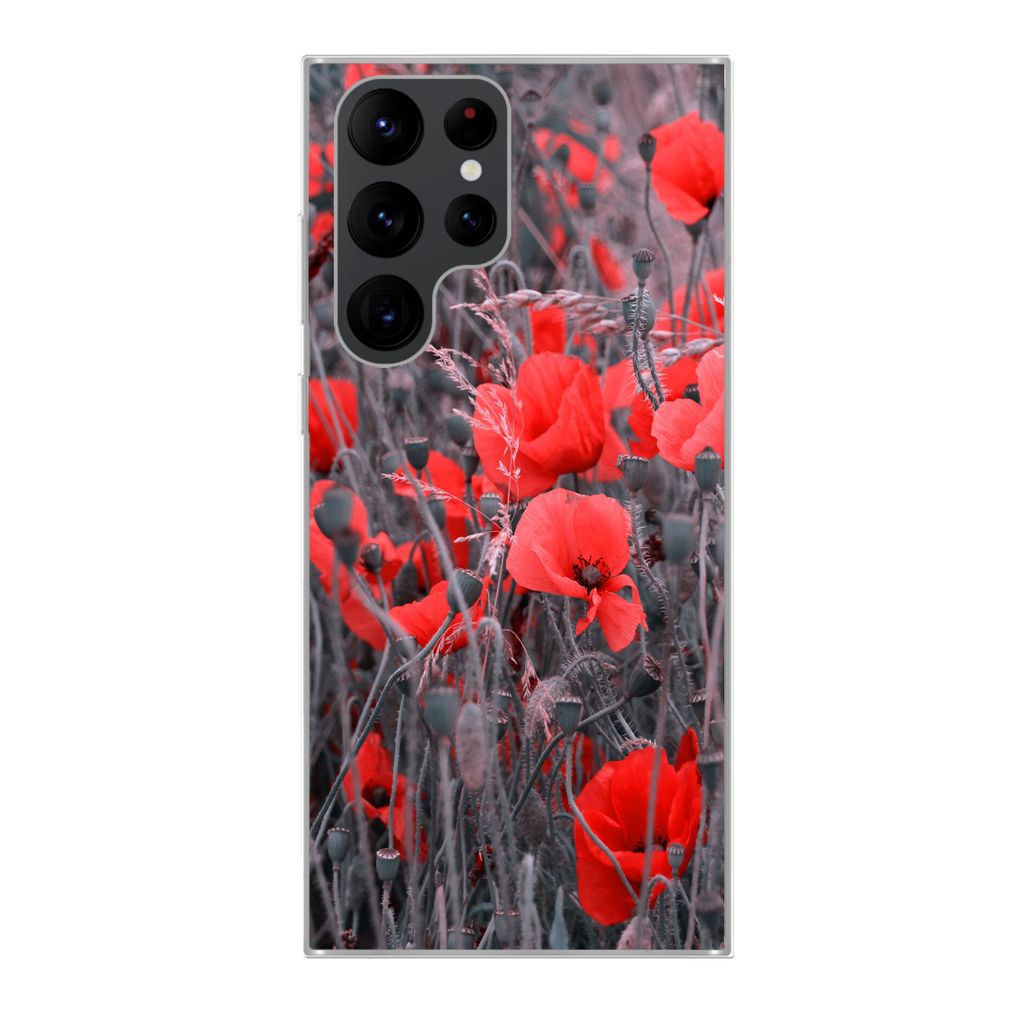 MuchoWow Handyhülle Schutzhülle Hülle für Samsung Galaxy S22 Ultra Rote Mohnblumen in einem Schwarz-Weiß-Bild Silikon Softcase Handy Hülle ...