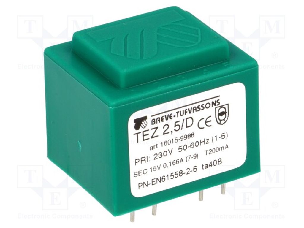 1x Transformator: überzogen 230VAC 2,5VA 166,6mA 15V Montage: TEZ2.5/D230/15V -T