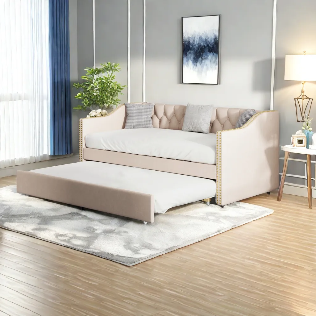 Lit d'enfant 90x200 cm en lin beige extensible avec sommier robuste