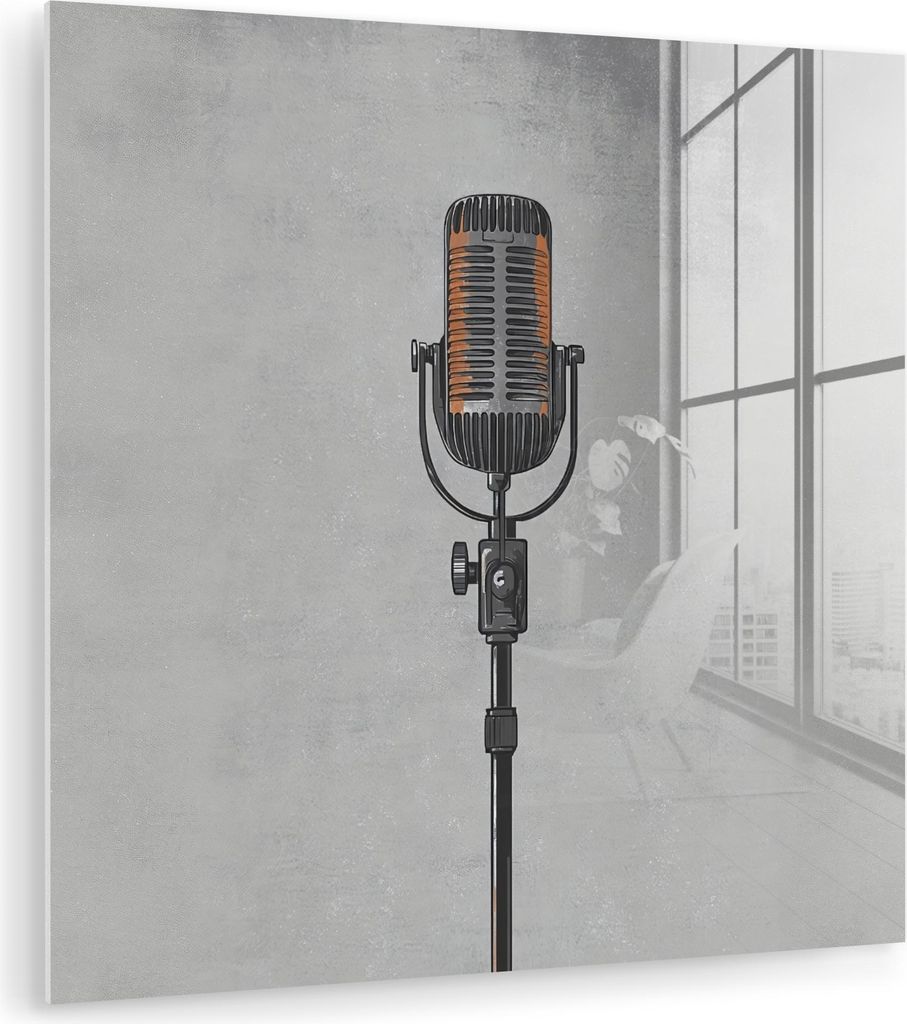 MuchoWow Glasbilder - Bilder auf Wandbild - Foto auf Glas Mikrofon - Vintage - Illustration - Grau 20x20 cm Wanddekoration aus Glas - Acrylglasbild...