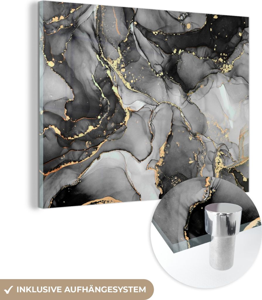 MuchoWow Glasbilder - Bilder auf Wandbild - Foto auf Glas Marmor - Schwarz - Gold - Grau 80x60 cm Wanddekoration aus Glas - Acrylglasbild - Acrylbi...