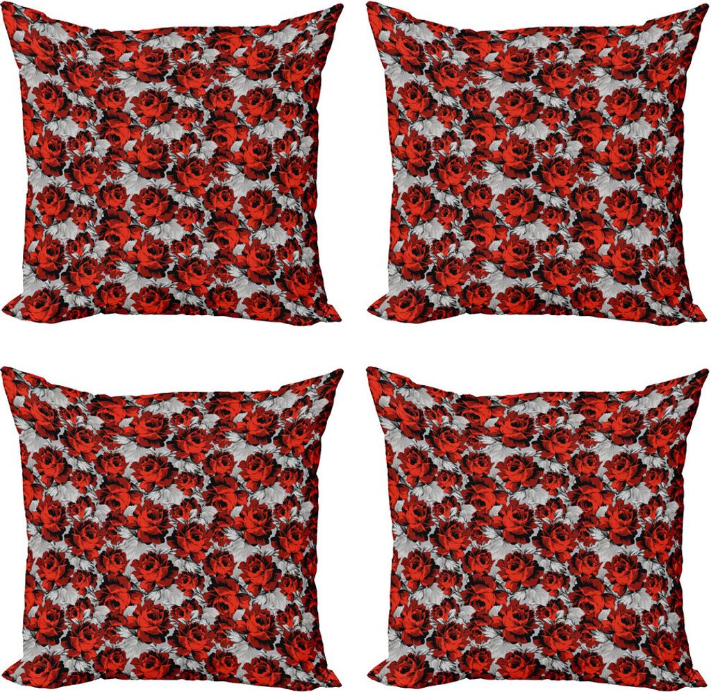 ABAKUHAUS Blumen Kissenbezug Set (4 Stück), Rosen Vintage Valentines, Moderner Doppelseitiger Digitaldruck, 40 cm x 40 cm, Rot Grau Schwarz