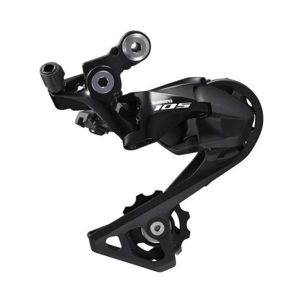 A black bicycle rear derailleur is shown against a white background.