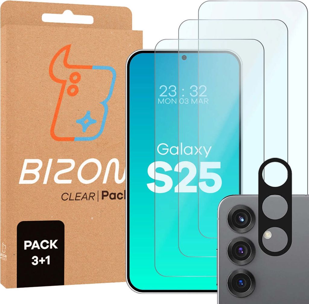 A product shot of screen protectors and a phone camera lens protector, with packaging in the background.