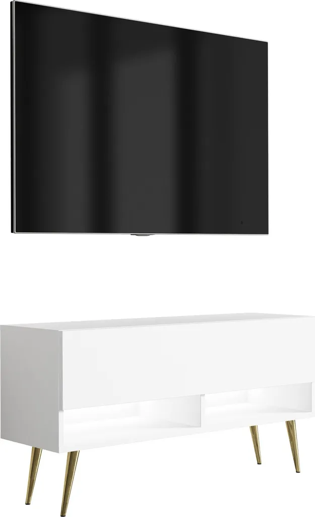 Meuble TV Compact 100 cm Blanc Mat : Solution Design LED et Doré