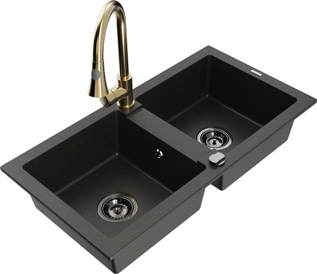 Mexen Mario 2-Becken-Granitspüle mit Mischbatterie Elia, Schwarz/Gold metallisch - 6504-75-670101-50-B