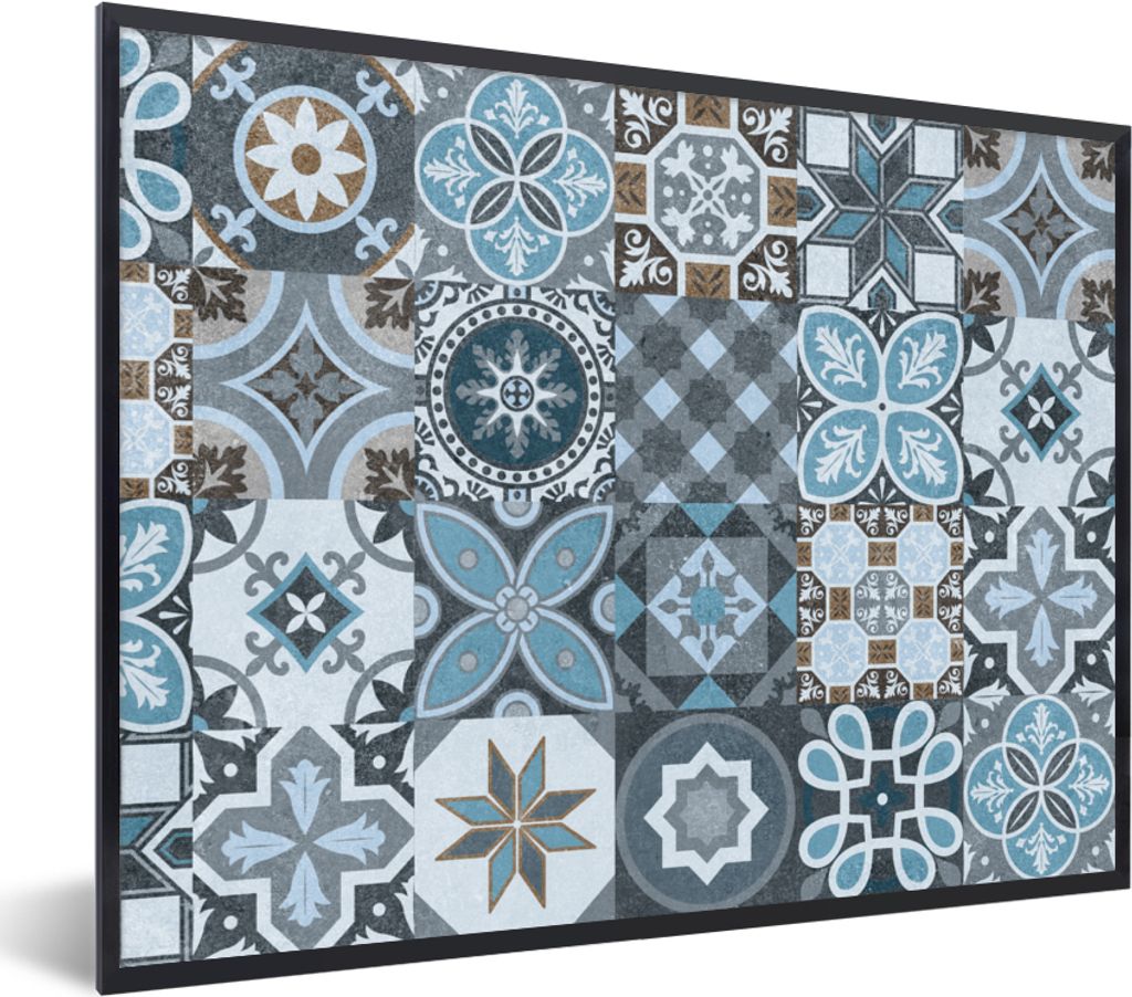 MuchoWow Gerahmtes Poster Design - Blume - Blau - Figuren 80x60 cm - Poster mit Schwarzem Bilderrahmen Wandposter Rahmen Foto Bilder - Schwarzem ...