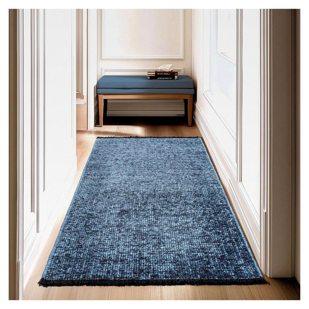 Chenille Teppich Baumwolle Läufer Blau 80x150 cm Waschbar, Boho-Stil, Kurzflor, Vintage Kelim, Weich und rutschfest, Einfarbig, Für Küche, Flur ...