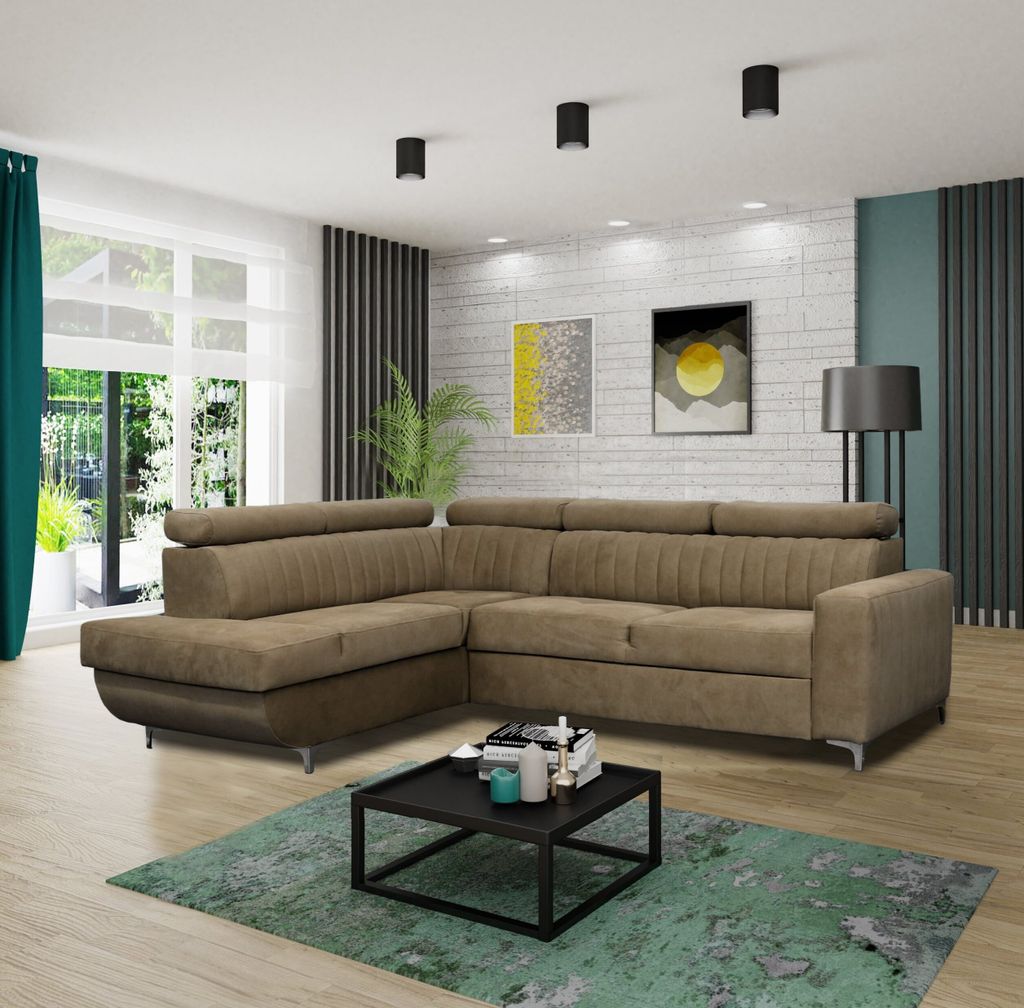 Ecksofa BEST links Braun Monolith 09 mit Schlaffunktion und Bettkasten Sofa mit Verstellbare Kopfstützen
