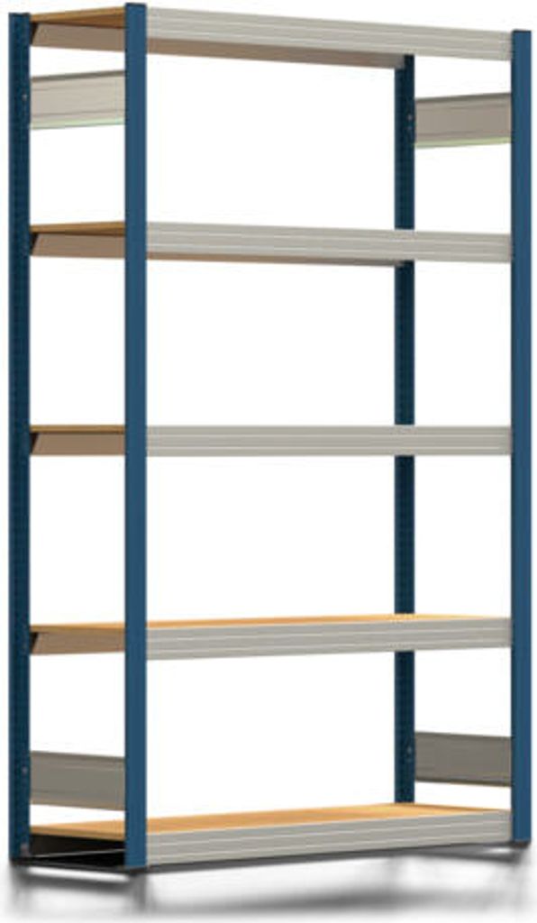 Fachbodenregal Tiefenriegel - 250 kg - 2.000 x 1.285 x 400 mm (HxBxT) - Grundregal - enzianblau - 5 Holzböden - Lagerregal - Steckregal BERT