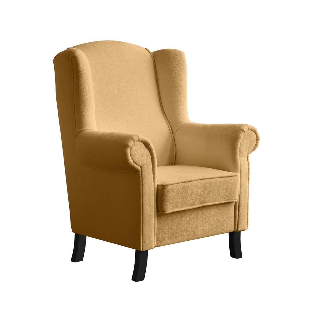 Ohrensessel LEONARDO Relax Sessel für Wohnzimmer, Polstersessel, Bouckle SenfGelb, Holzbeine Wenge