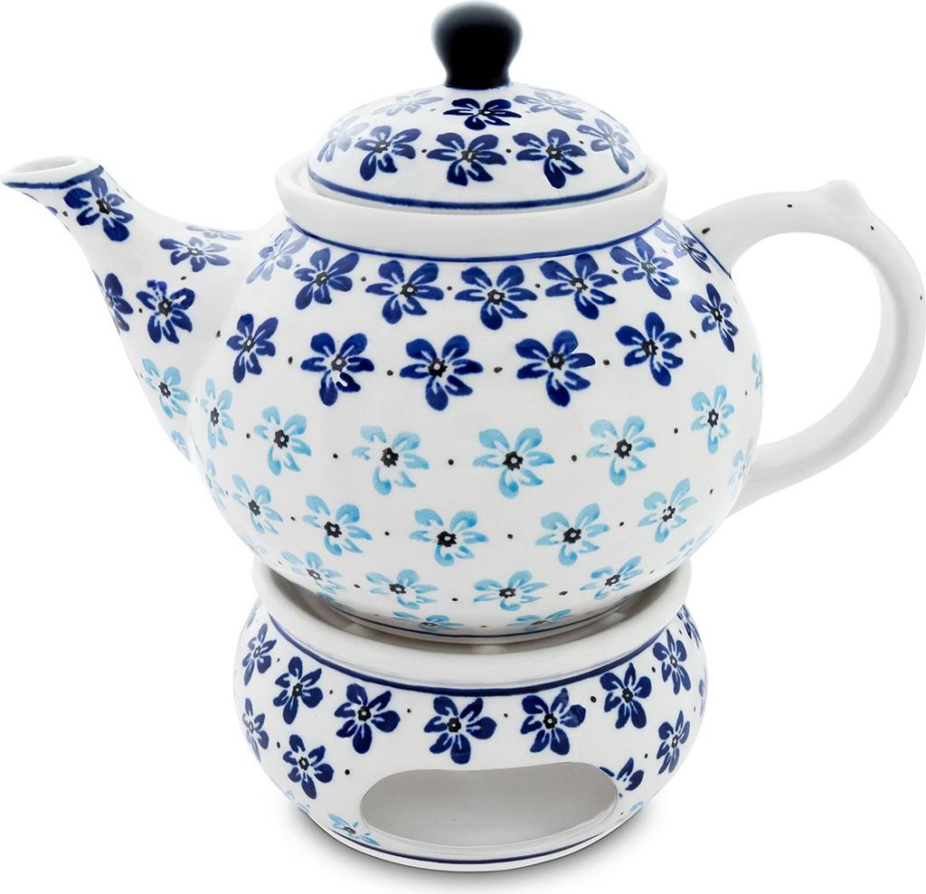 Bunzlauer Keramik 1,25L Teekanne mit Stövchen – Klassische, rundliche Form mit elegant geschwungenem Ausguss, Dekor 1111