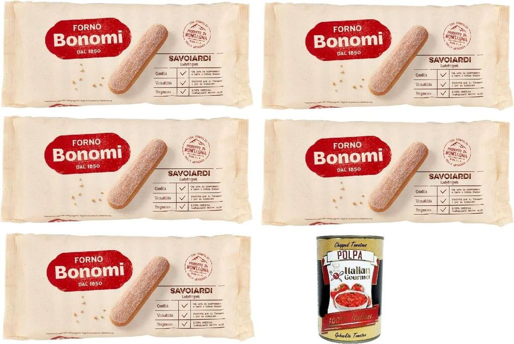 Forno Bonomi, italienische Löffelbiskuits, Savoiardi, Ladyfingers, für Tiramisu, biscuits cookies kekse 5x 200g + Italian Gourmet polpa 400g