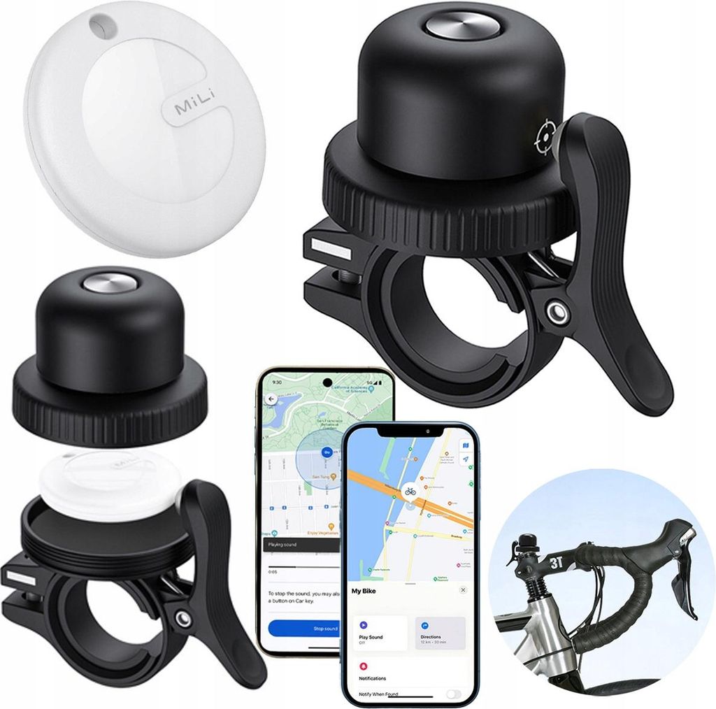A collage of product images showing a bicycle bell with tracking capabilities, a separate tracking device, and screenshots of a mobile app, along with a close-up of the bell attached to a bicycle handlebar.