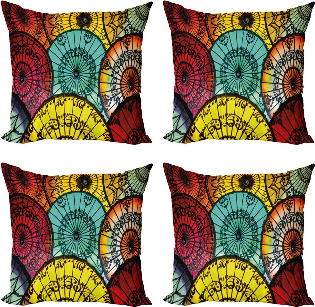 ABAKUHAUS asiatisch Kissenbezug Set (4 Stück), Umbrella Markt, Moderner Doppelseitiger Digitaldruck, 40 cm x 40 cm, Mehrfarbig
