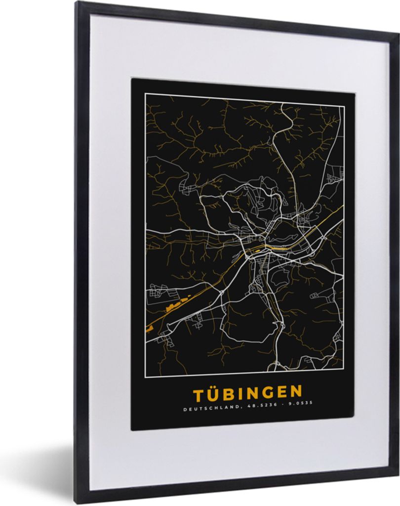 MuchoWow Gerahmtes Poster Deutschland - Schwarz und Gold - Tübingen - Stadtplan - Karte 30x40 cm - Poster mit Schwarzem Bilderrahmen Wandposter ...