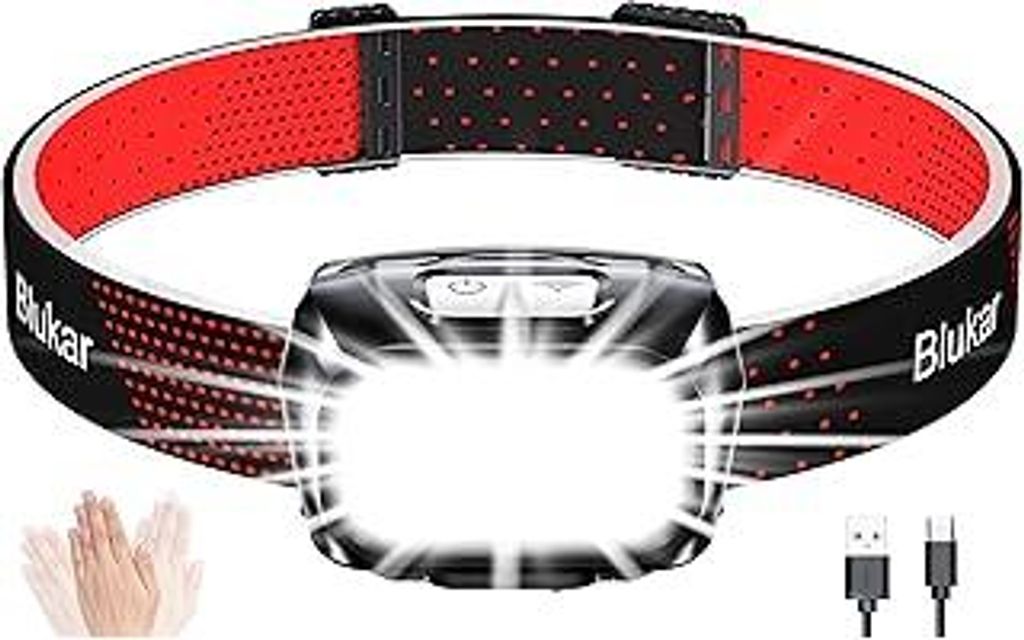 Blukar LED Stirnlampe Wiederaufladbar, 2000L Ultra Kopflampe Stufenlos Dimmbar mit 8 Modi, Sensor & Rotlicht, IPX5 Wasserdicht Mini Stirnleuchte f...