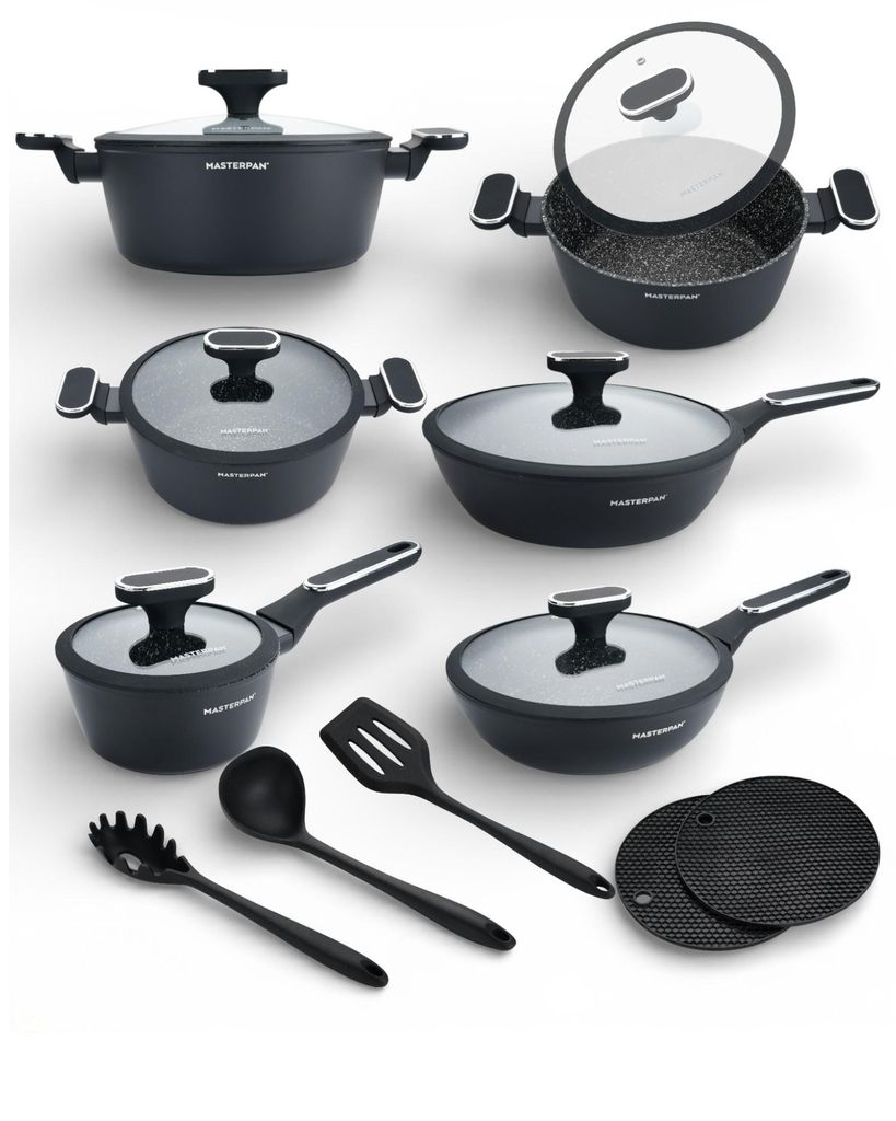 Masterpan 15-teiliges Topfset | schwarze Töpfe | mit Deckel | Kochtopf | Deckel | Pfanne | Topf- und Pfannenset | Induktion | Induktionstöpfe | 7003