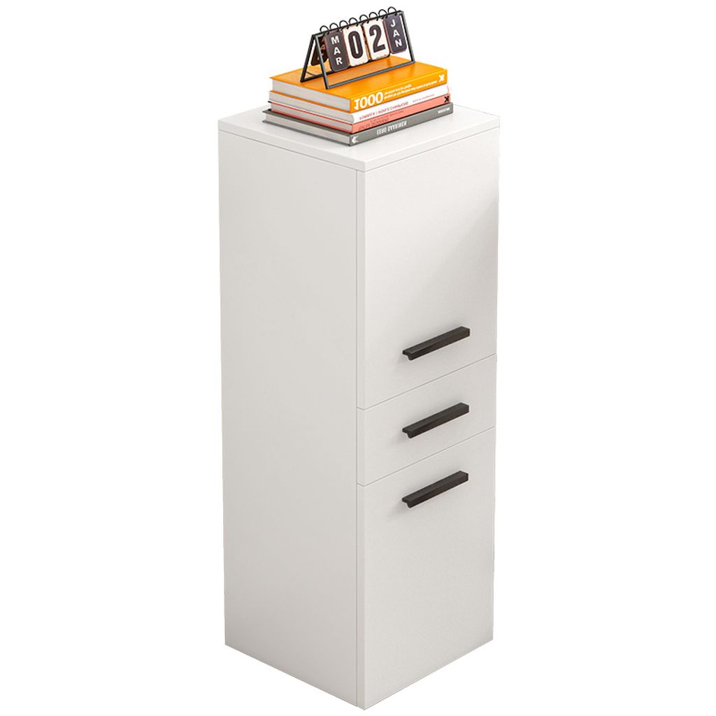 A white cabinet with three drawers and books on top.