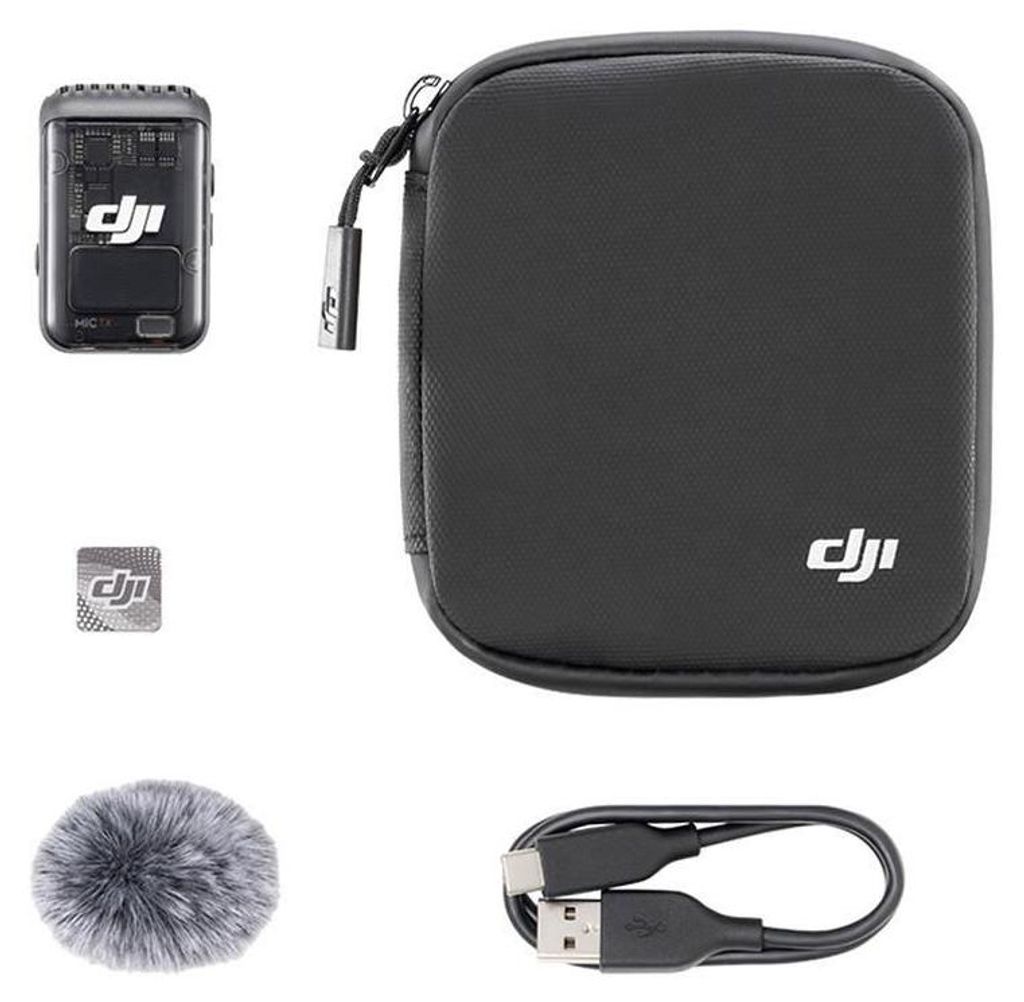 A collection of DJI Mic 2 transmitter components, including the transmitter, a carrying case, a windscreen, and a USB cable, arranged on a white background.