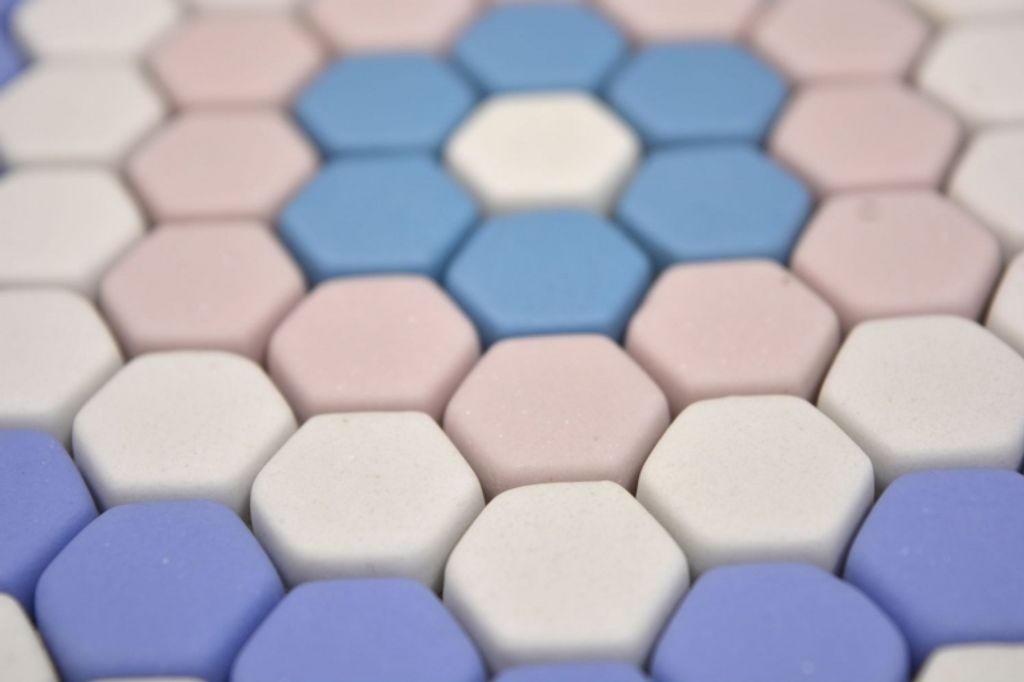 Handmuster GLAS Mosaik Hexagon Roma blau rosa weiß matt Produktbild 