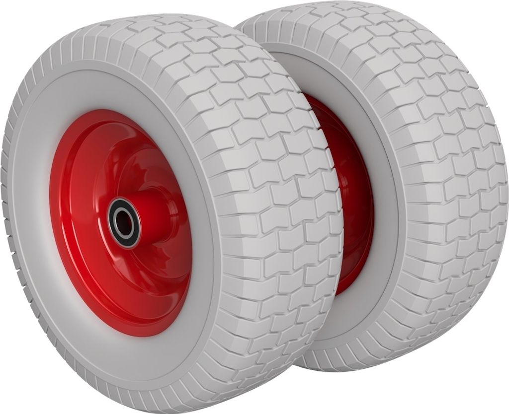 2 x PolyurethanRad Ø 400 mm 6.50-8, 2 Kugellager Rasenmäher Traktor PANNENSICHER, grau/rot
