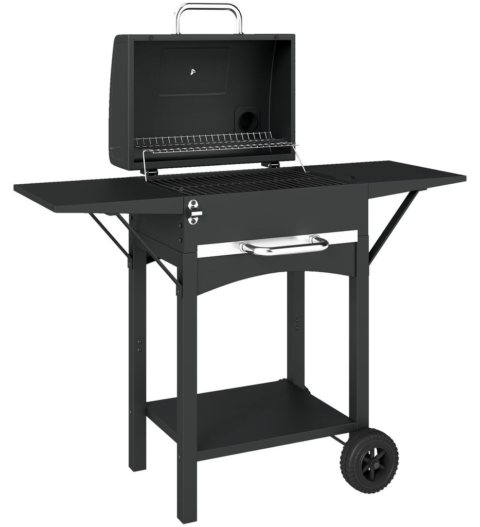 Holzkohlegrill mit Deckel, BBQ Smoker Grill mit 2 Seitentischen Große Grillfläche Grillrost Thermometer Räder