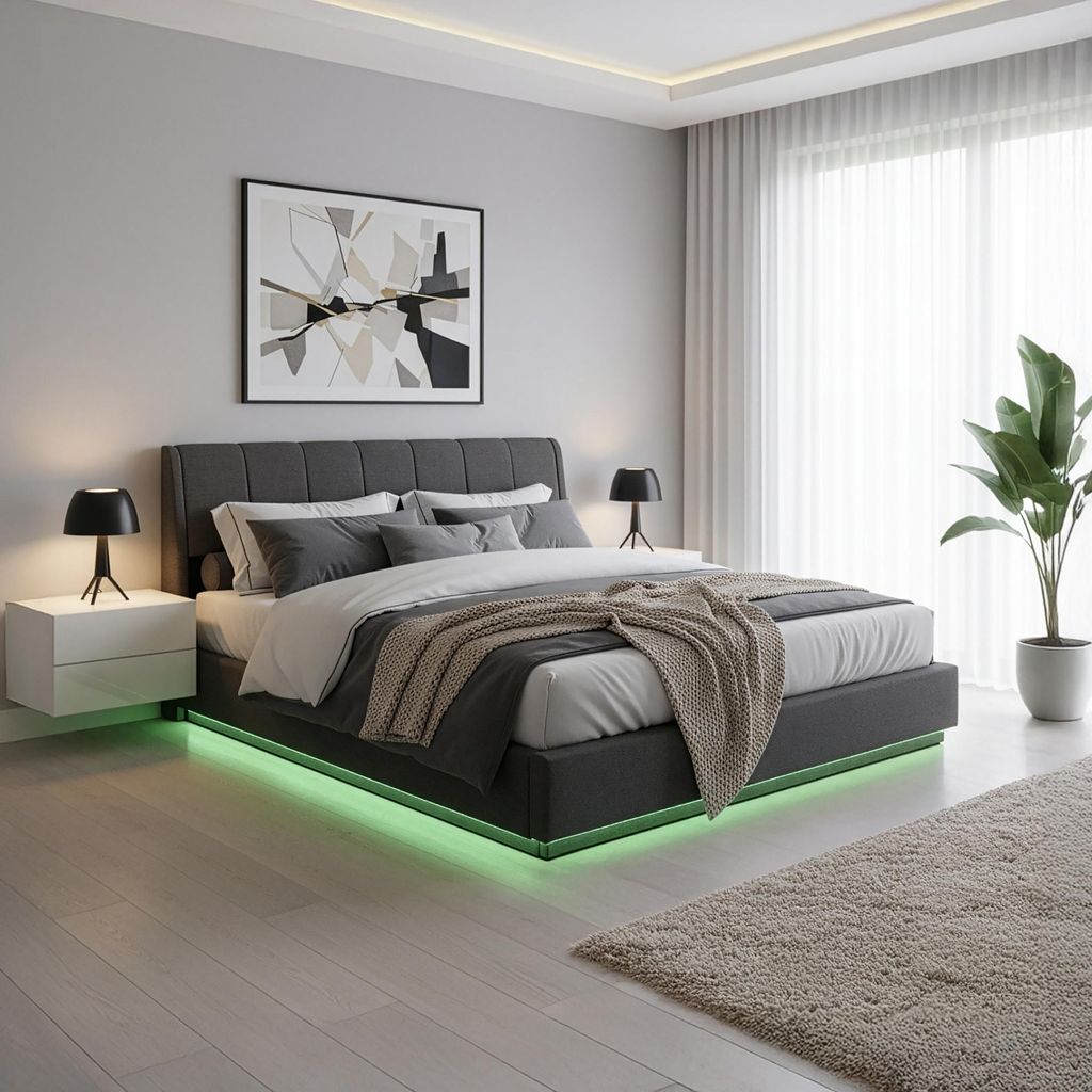 A modern bedroom with a bed, nightstands, and a plant.