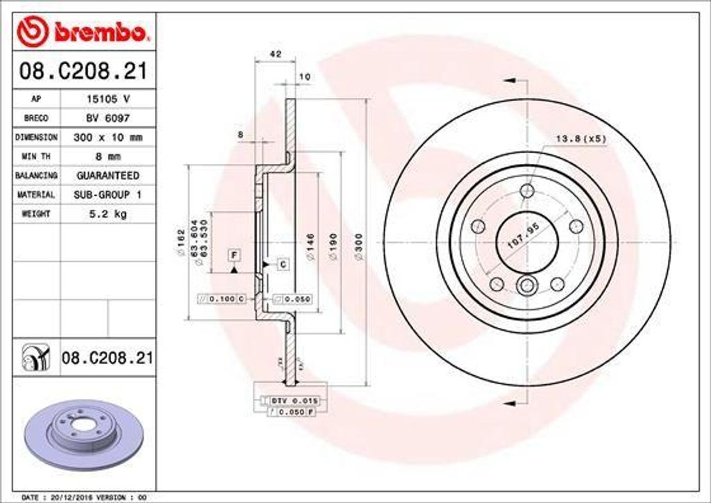 BREMBO 08.C208.21 Bremsscheibe OE T4N1742 kompatibel mit XE