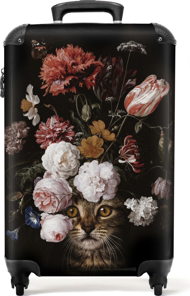 NoBoringSuitcases.com Koffer Handgepäck Trolley Rollkoffer Kleine Reisekoffer mit 4 Rollen - Katze - Blumen - Stilleben - Schwarz - Alte Meister...