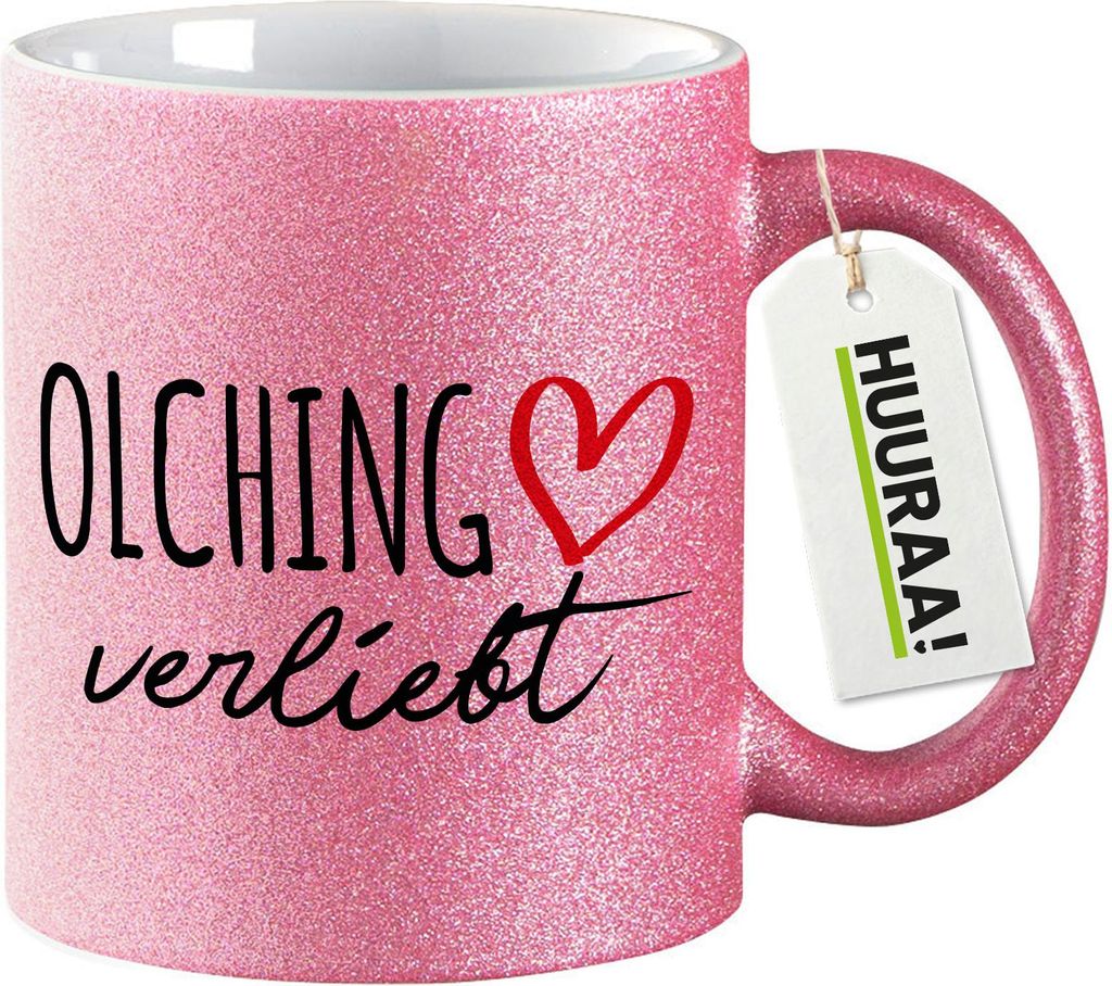 Huuraa Glitzertasse Olching verliebt 330ml Pink Keramik Kaffeebecher Geschenkidee