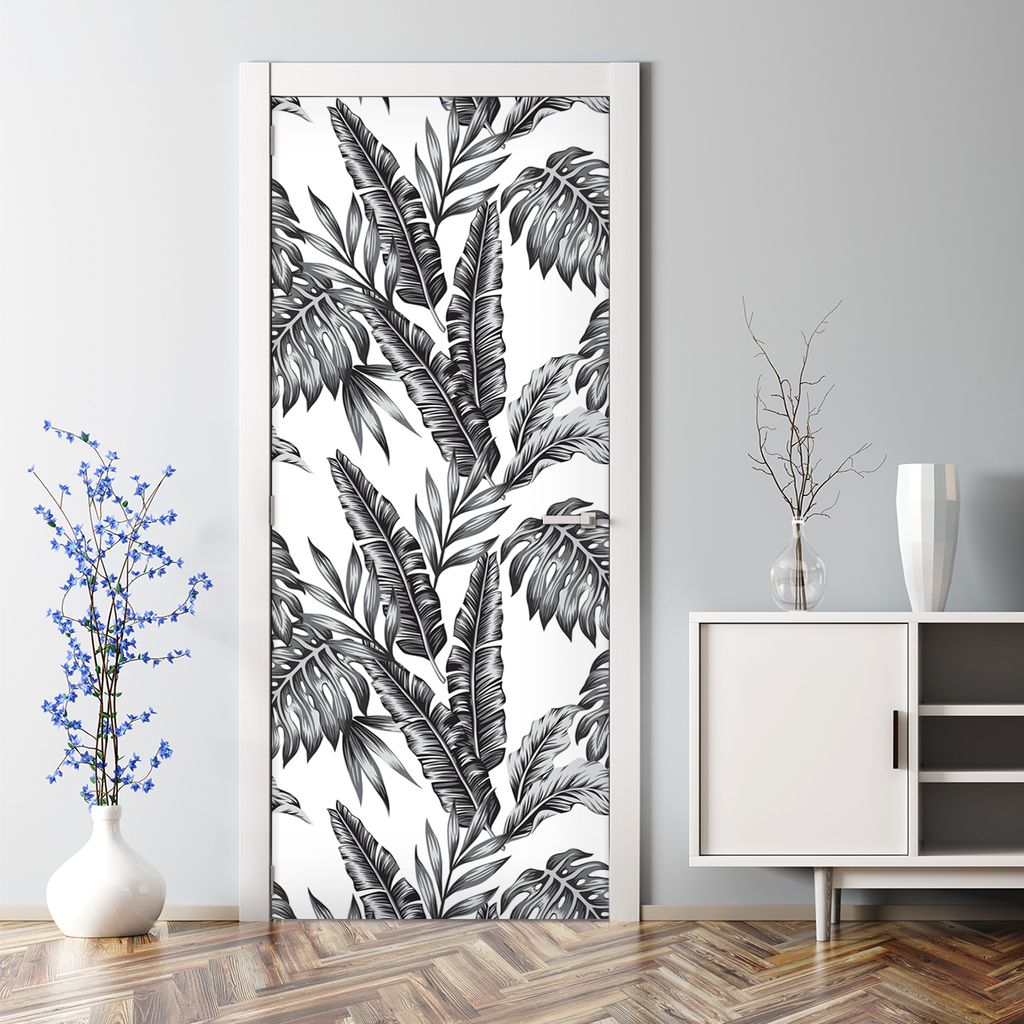 Dekorative Abnehmbarer Wandsticker Türtapete selbstklebend Klebefolie weiß-schwarz Blätter 70 x 200 cm