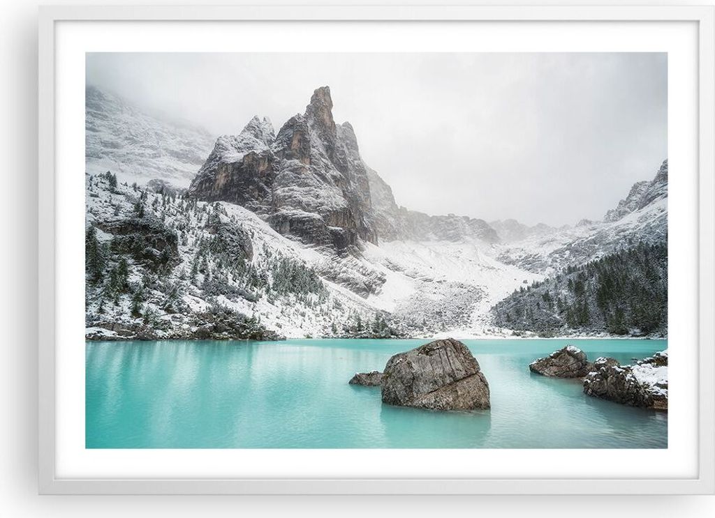 Gerahmtes Poster - Weißer Rahmen - Berge See Schnee - 70x50 cm - Wand Bild - Wanddeko - Wandbilder - Kunstposter - Wandposter - Bilderrahmen - Bil...