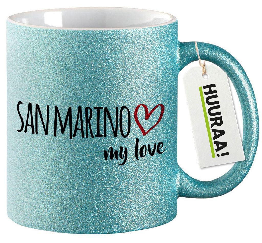 Huuraa Glitzertasse San Marino my love 330ml Blau Keramik Kaffeebecher Geschenkidee