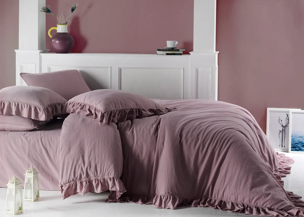 Parure de lit en coton stonewashed mauve 220x200 douceur sans repassage