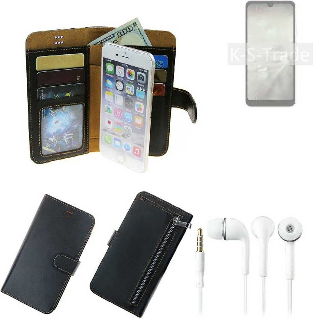 TOP SET Handy Hülle Schutz Hülle kompatibel mit Sharp Aquos Wish2 schwarz aus Kunstleder + Kopfhörer Smartphone Tasche vollwertige Geldbörse