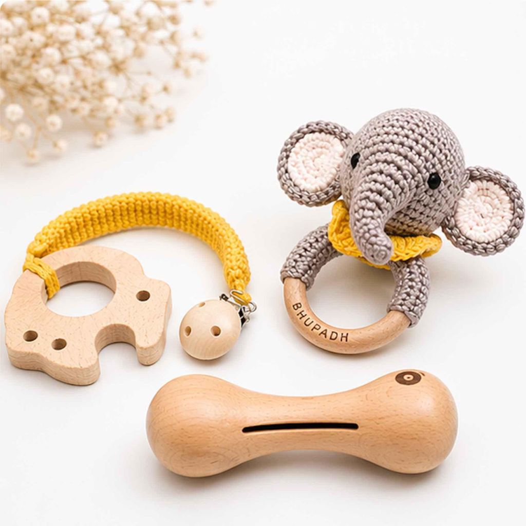 3er Set Rasseln Baumwolle Naturholz - 22 x 23 x 7 cm - Elefant | by SEVIRA KIDS