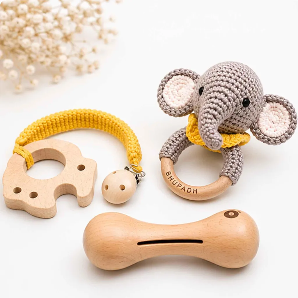 Hochets de dentition éléphant en bois et textile bio pour nouveau-né