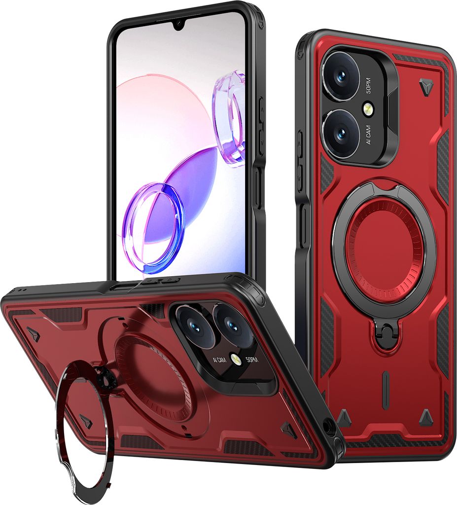 Dual Layer Hülle für Xiaomi Redmi 12C/Poco C55 Metall Ring Ständer Magnetisch Stoßfest Militär Handyhülle Rot