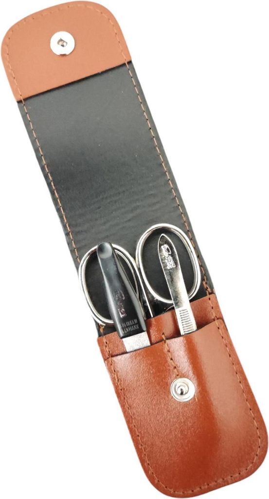 3-teiliges Solingen Maniküre Set mit Leder Etui, Nagelschere, Feile, Pinzette, Germany Braun