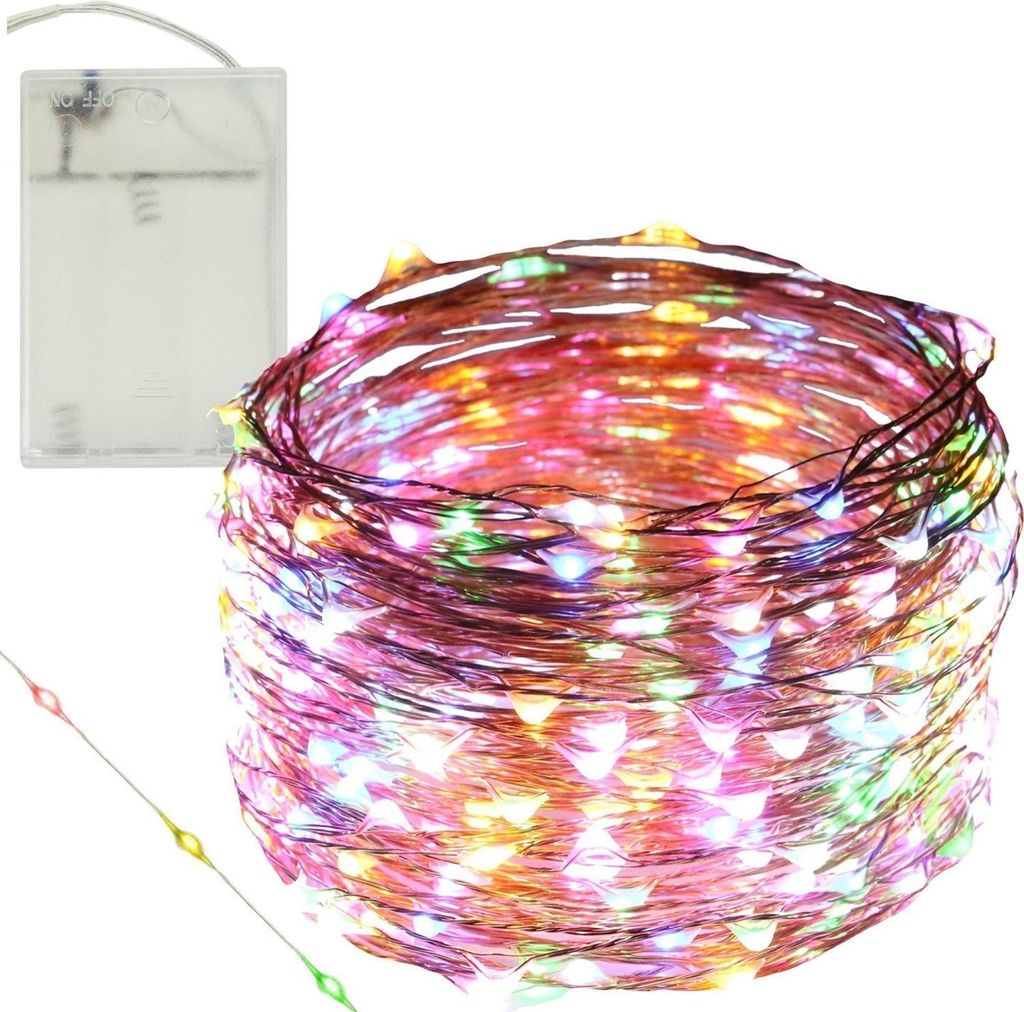 A coiled string of multi-colored LED lights with a battery pack.