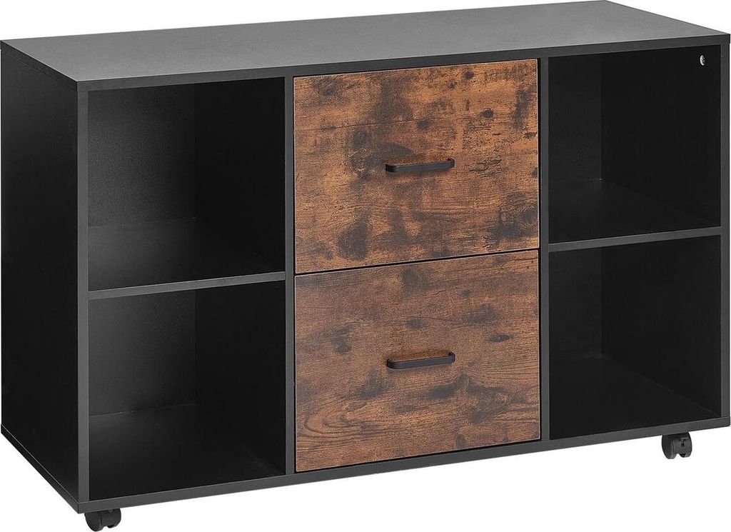 2-Schubladen-Aktenschrank aus Holz, mobiler Aktenschrank mit offenen Regalen, schwarz