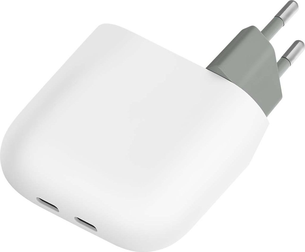 A white USB-C charger with EU plug pins.