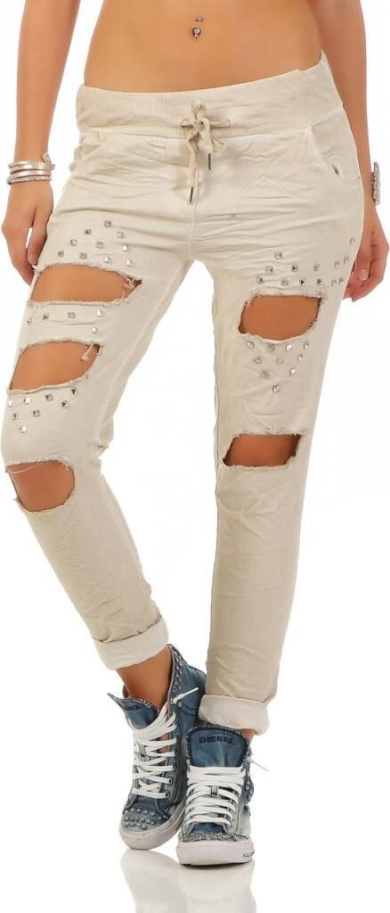 218 Damen Hose leichte Freizeithose Stoffhose Distressed Look Löcher Risse und Nieten Tunnelzug One Size S M 36 38 Beige